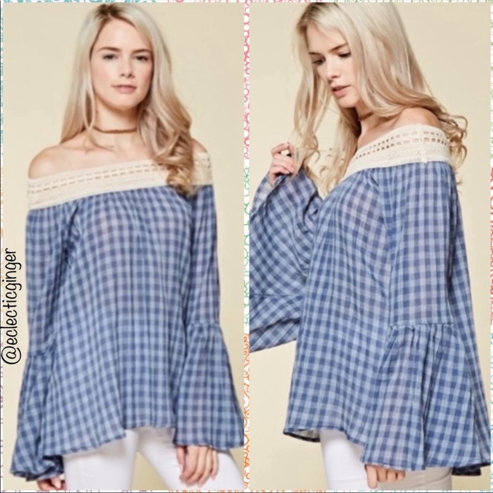 Bell sleeve blue plaid ivory crocheted top S/M/L